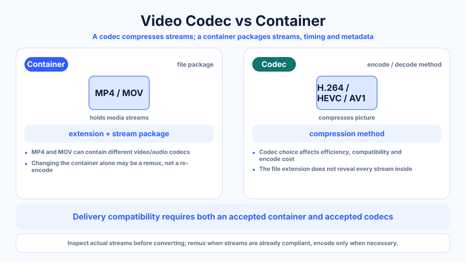 Reference diagram distinguishing containers such as MP4 and MOV from codecs such as H.264, H.265 and AV1.